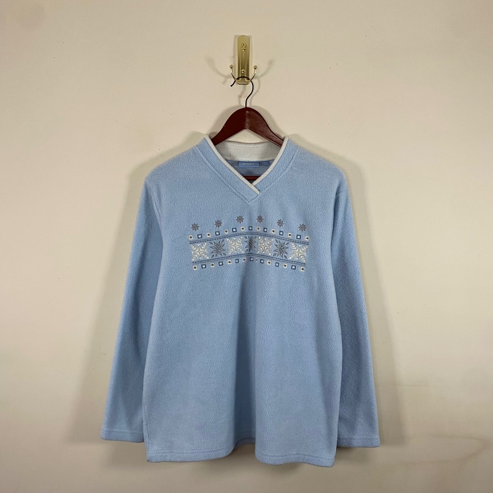 Croft & Barrow Sport Fleece Sweater Light Blue Snowflake Embroidery Large Winter